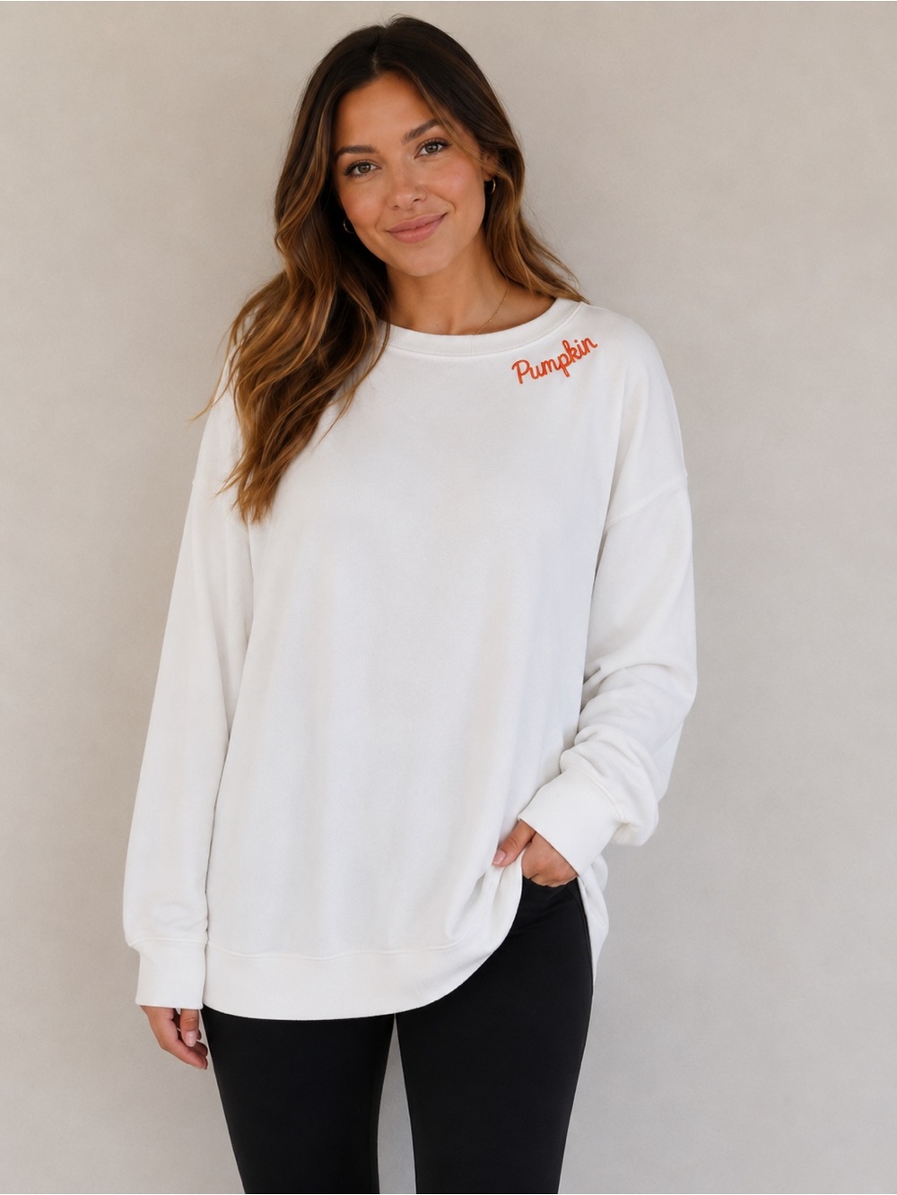 Marled “Pumpkin” Halloween Embroidered Sweatshirt Size M Cream Cozy Fall Pullove